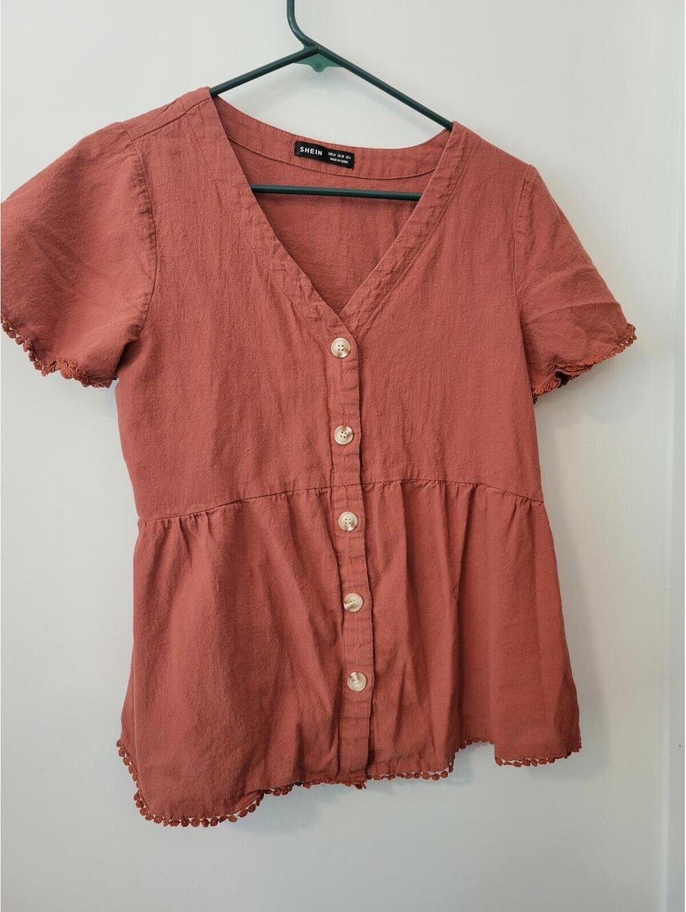 SHEIN Rust Button Front Peplum Top Size M